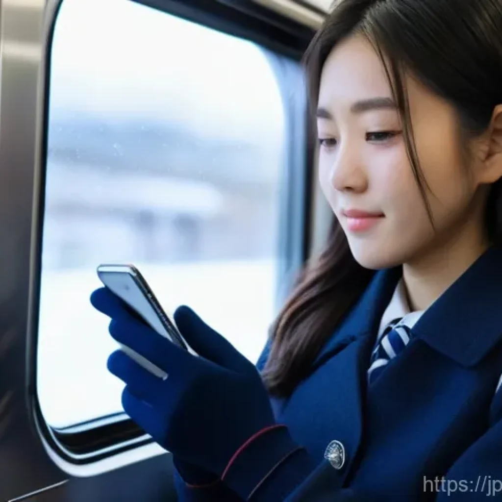 학생들에게 인기 있는 방한 장갑 - A close-up, candid shot of a Japanese female high school student riding a train during her morning c...