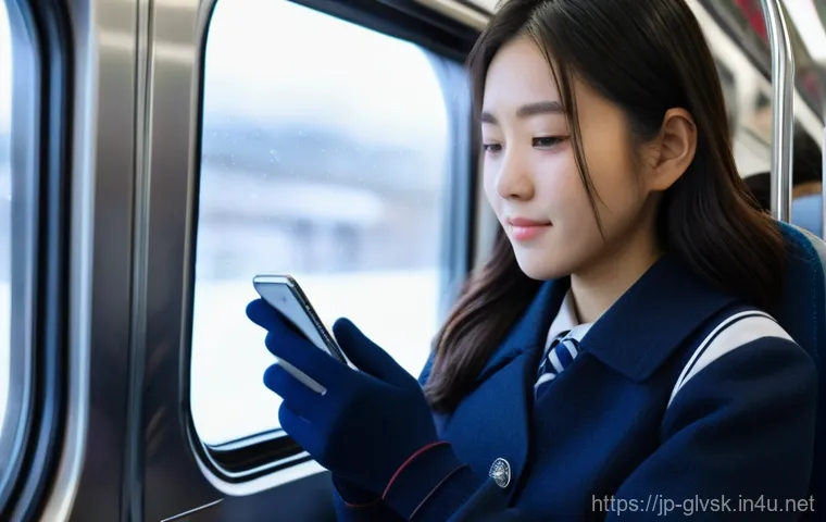 학생들에게 인기 있는 방한 장갑 - A close-up, candid shot of a Japanese female high school student riding a train during her morning c...