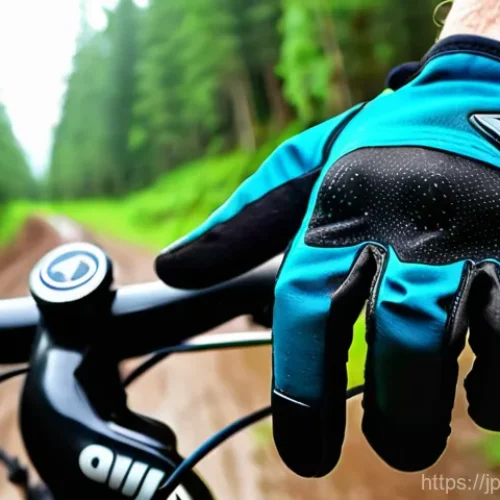 산악 바이크 장갑 방수성 비교 - **Prompt**: A highly detailed, dynamic shot of a mountain biker's gloved hands expertly gripping han...