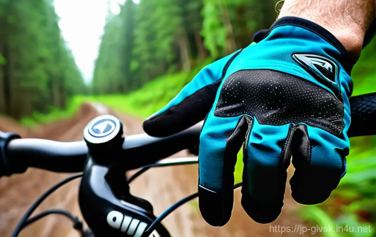 산악 바이크 장갑 방수성 비교 - **Prompt**: A highly detailed, dynamic shot of a mountain biker's gloved hands expertly gripping han...