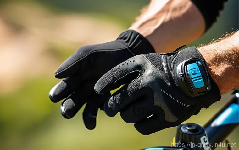 산악 바이크 장갑 방수성 비교 - **Prompt**: A highly detailed, dynamic shot of a mountain biker's gloved hands expertly gripping han...