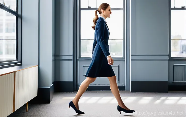 오피스 양말 스타일링 팁 - **"Office Chic: Subtle Patterns and Accent Colors"**
    A stylish professional woman stands confide...