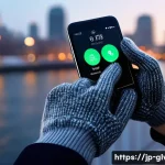 스마트워치 호환 터치 장갑 - A close-up image of a pair of high-tech touchscreen gloves designed for smartwatches, made with nano...