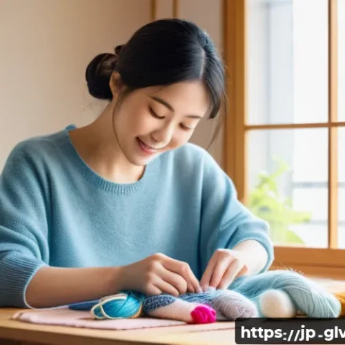 양말 제작 DIY 키트 추천 - A cozy crafting scene featuring a Japanese woman in casual modern clothing, sitting at a bright wood...