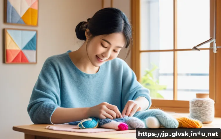 양말 제작 DIY 키트 추천 - A cozy crafting scene featuring a Japanese woman in casual modern clothing, sitting at a bright wood...