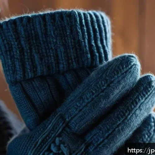 장갑 소재의 방한 효과 차이 - A detailed close-up image of a pair of winter gloves made from a blend of wool and nylon, showcasing...