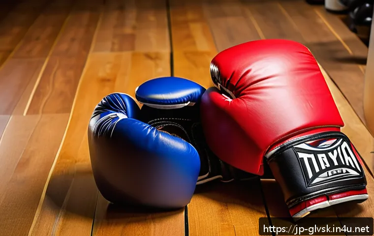복싱 장갑과 격투기 장갑 차이 - A detailed close-up image of a pair of boxing gloves and mixed martial arts (MMA) gloves side by sid...