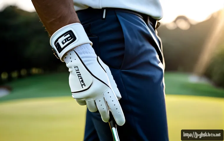 골프 장갑 손목 보호 기능 - Photorealistic close-up of a golfer’s hand wearing a premium white golf glove with a wide adjustable...